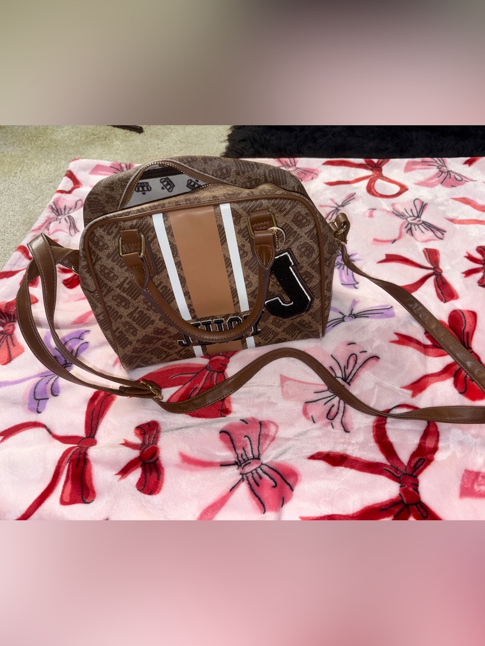 Juicy Couture Brown and White Patterned Satchel with Stripe and Patch